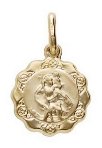 9k / 9ct gold round Saint Christopher disc, scalloped, 12mm wide