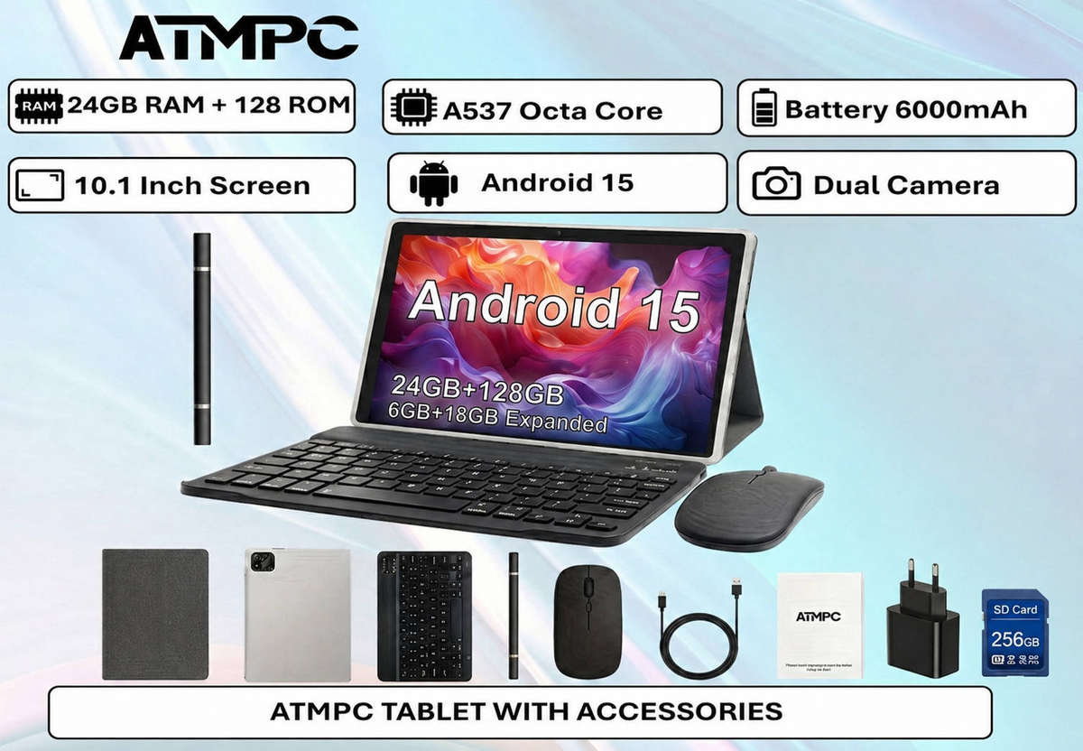 10.1 Inch Android 15 Tablet 24GB RAM DDR4 128GB ROM 8 Core Octa Core with Accessories