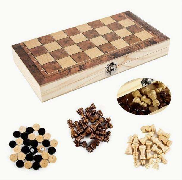 3 in 1 Wood Chess Board with Wood Game Pieces