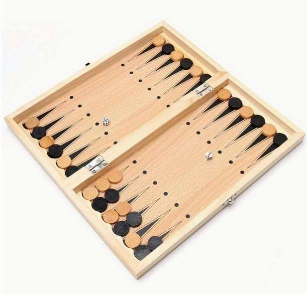 3 in 1 Wood Chess Board with Wood Game Pieces
