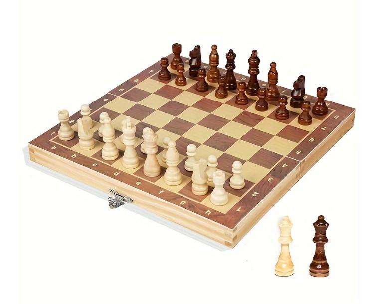 3 in 1 Wood Chess Board with Wood Game Pieces