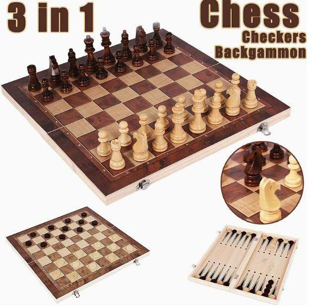 3 in 1 Wood Chess Board with Wood Game Pieces