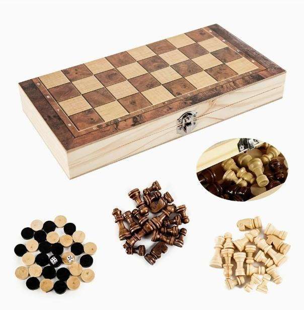 3 in 1 Wood Chess Board with Wood Game Pieces