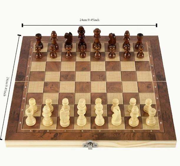 3 in 1 Wood Chess Board with Wood Game Pieces
