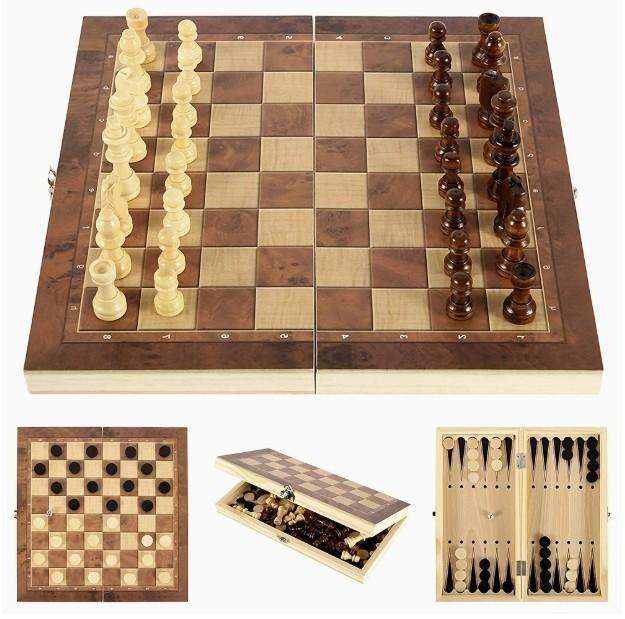 3 in 1 Wood Chess Board with Wood Game Pieces
