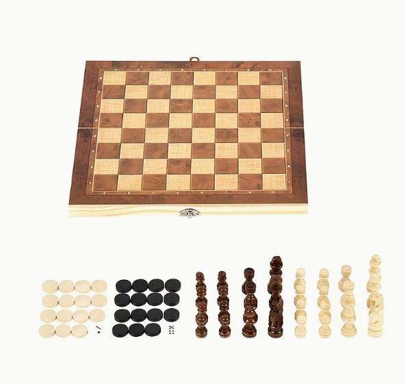 3 in 1 Wood Chess Board with Wood Game Pieces
