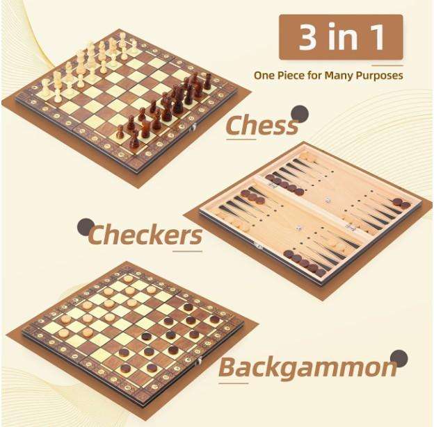 3 in 1 Wood Chess Board with Wood Game Pieces