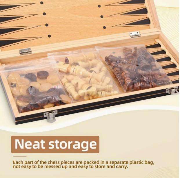 3 in 1 Wood Chess Board with Wood Game Pieces