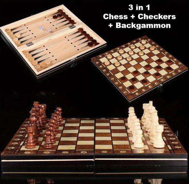 3 in 1 Wood Chess Board with Wood Game Pieces