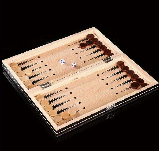 3 in 1 Wood Chess Board with Wood Game Pieces