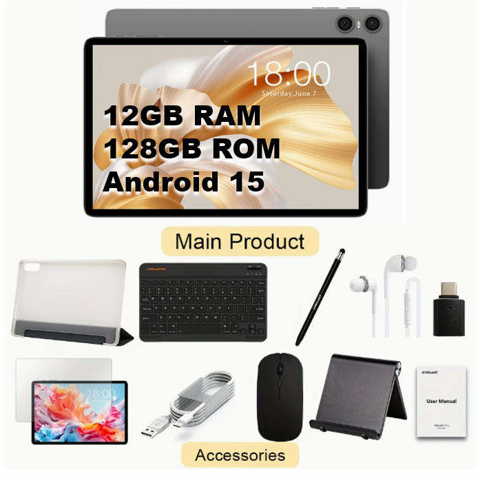 10.1 Inch Android 15 Tablet 12GB RAM DDR4 128GB SSD + SD Card 512GB Octa-core with Accessories