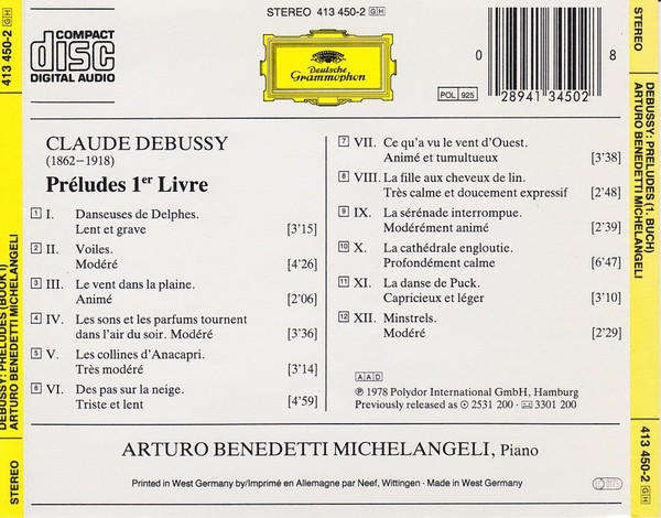 Claude Debussy - Arturo Benedetti Michelangeli  Préludes  Volume 1 CD Import