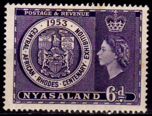 NYASALAND 1953, 30 May. 100th ANNIV BIRTH C RHODES EXHIBITION, single, MH, CV +/- R 5.00, view scans