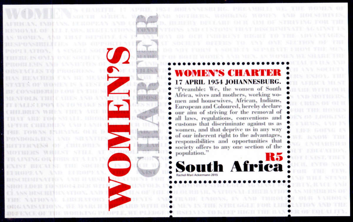 RSA 2015, 7 Aug. WOMENS CHARTER, minisheet, MNH, CV R 40.00 view scans