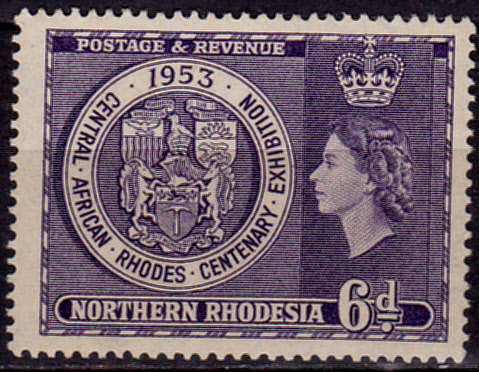 NORTHERN RHODESIA 1953, 30 May RHODES CENTENARY EXHIBITION, single, MH, CV R 15.00 view scans