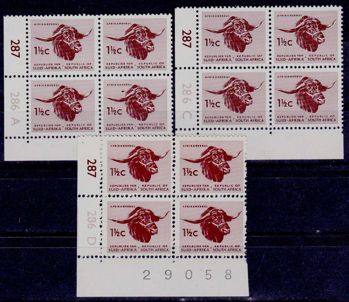 RSA 1969, Aug. DEFINITIVE ISSUE, 1½c control blocks A C D, MNH, CV R 30.00 view scans