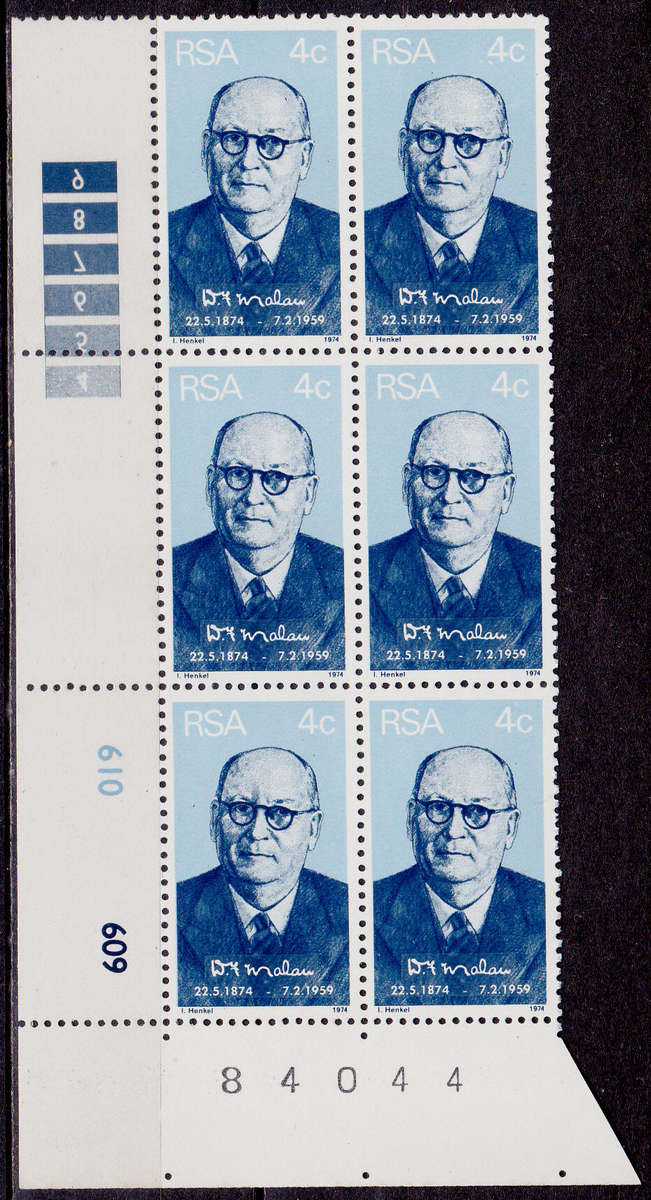RSA 1974, 22 May. 100th ANNIV BIRTH Dr DF MALAN, single control, MNH, CV R 12.00, view scans.