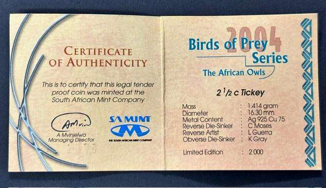 2004 SA Silver 2 1/2c Proof - Birds of Prey Series -The African Owl