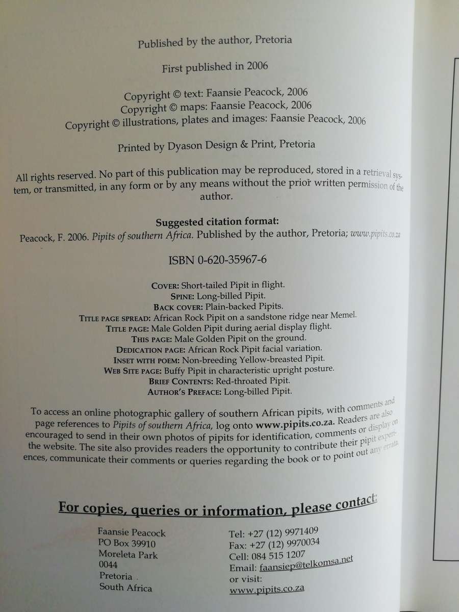 Pipits of Southern Africa - The Complete Guide to Africa's Ultimate LBJ's / Faansie Peacock