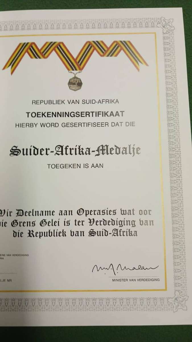 Military Campaign Large Medal and Certificate Cross border signed by Magnus Malan.