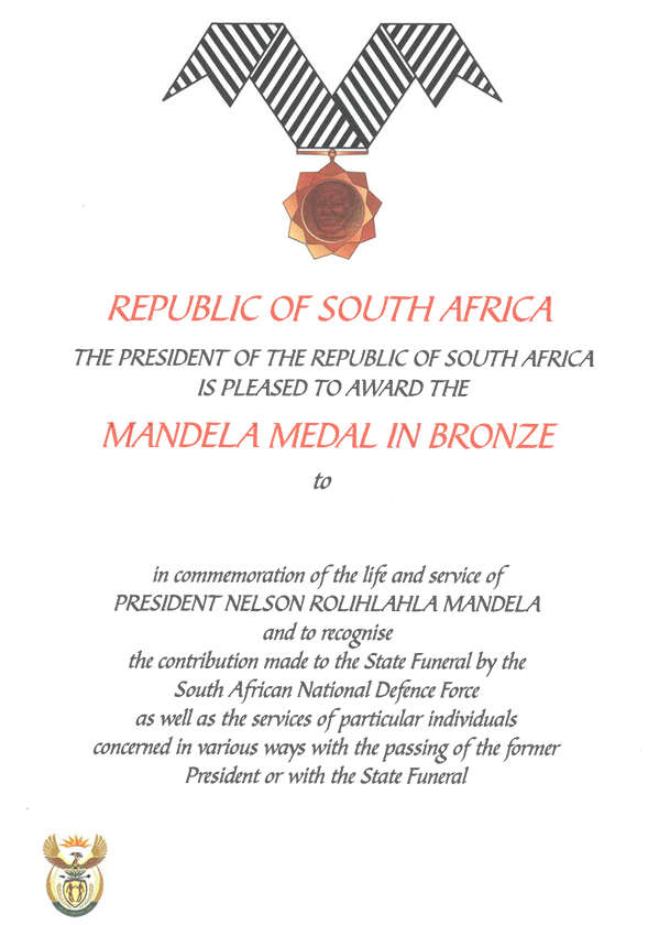 SA army Certificate of Award for the Commemoration of the life and service of Nelson Mandela
