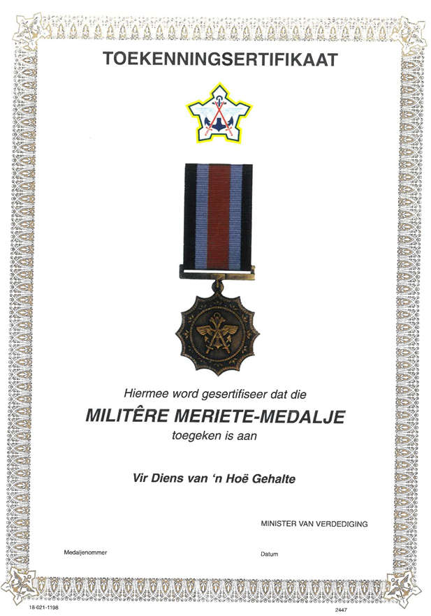 SA army Certificate of Award for Commendation Merit.