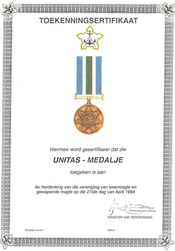 SA army Certificate of Award for Unitas.