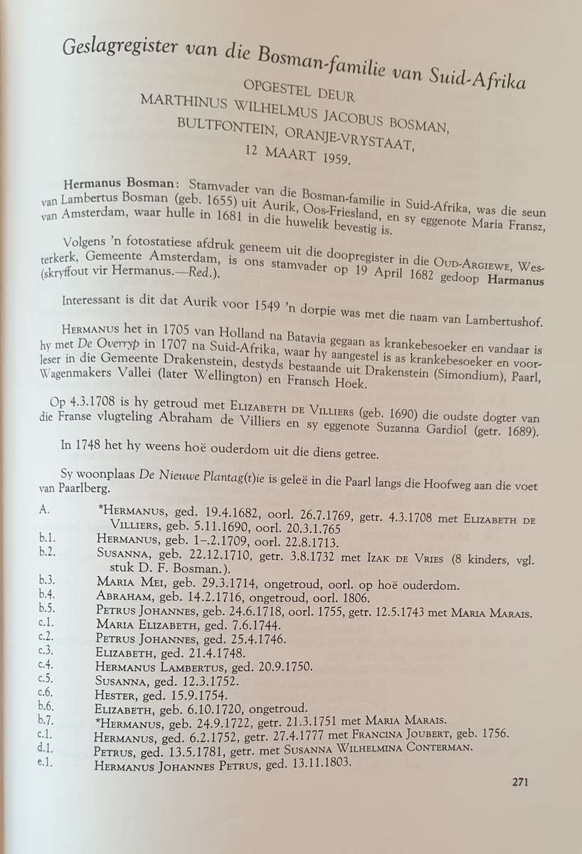 Die Bosmans van Suid Afrika 1707 - 1965