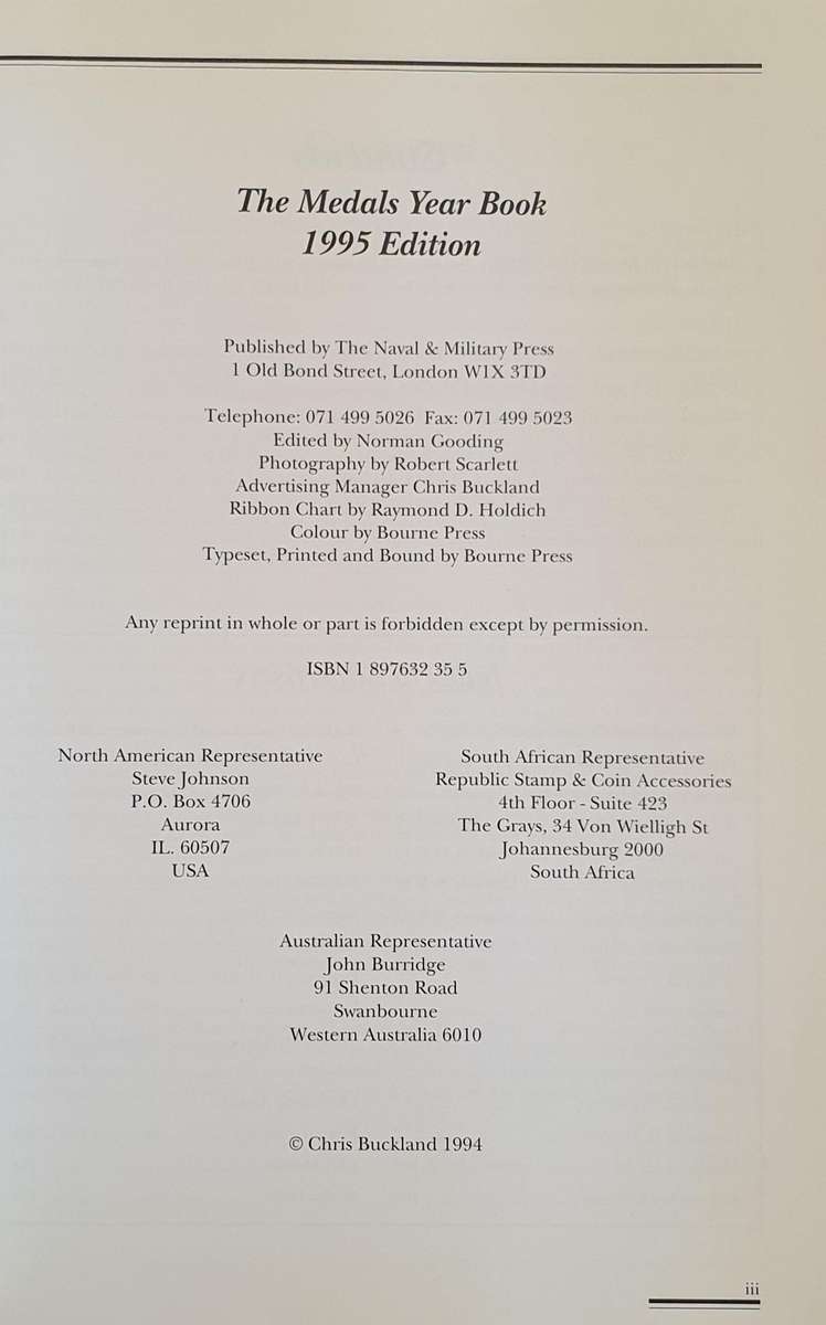 The Medals Year Book  A-Z of Medals, fully illustrated price guide (1995) Includes S.A.