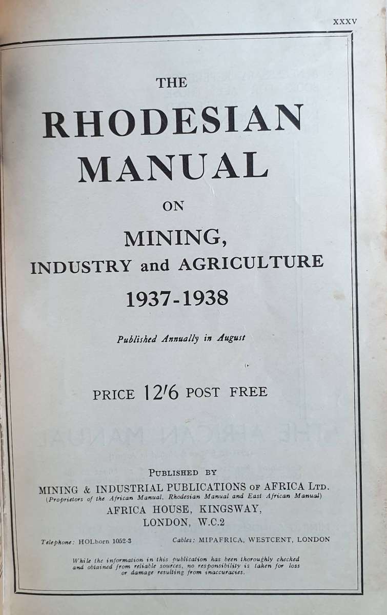 Rhodesian Manual, Mining, Industry, Agriculture, 1937-8