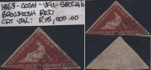 1863 COGH brownish red 1d De La Rue Triangles (SACC 14b) in FU-condition