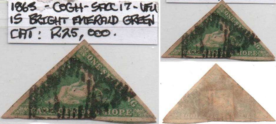 1863 COGH scarce bright emerald green 1s De La Rue Triangle  in VFU-condition