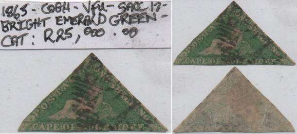 1863 COGH bright emerald green 1s De La Rue Triangle (SACC 17) in FU-condition