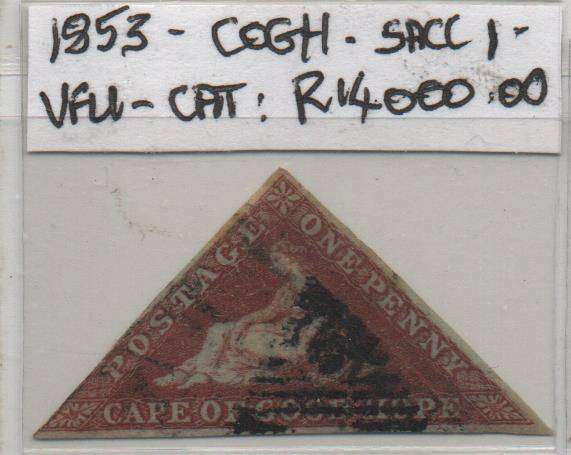 Scarce 1853 - COGH 1d Brick red on Deeply blued paper Perkins Bacon Triangle in VFU-condition