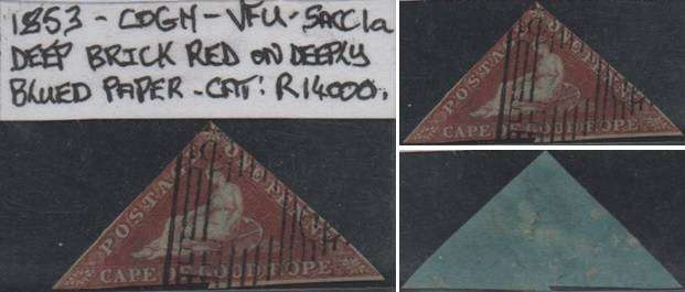 1853 COGH Deep brick red on deeply blued paper 1d Perkins Bacon Triangle in VFU-condition
