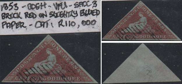 1853 COGH brick red on slightly blued paper 1d Perkins Bacon Triangle in VFU-condition