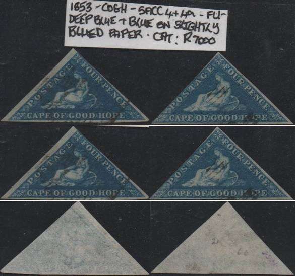 1853 COGH deep blue & blue 4d Perkins Bacon Triangles (SACC 4 & 4a) in FU-condition