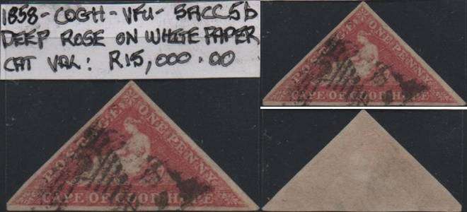 1858 COGH deep rose 1d Perkins Bacon Triangle (SACC 5b) in VFU-condition