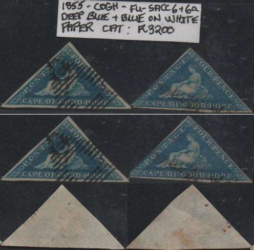 1855 COGH deep blue & blue 4d Perkins Bacon Triangles (SACC 6 & 6a) in FU-condition