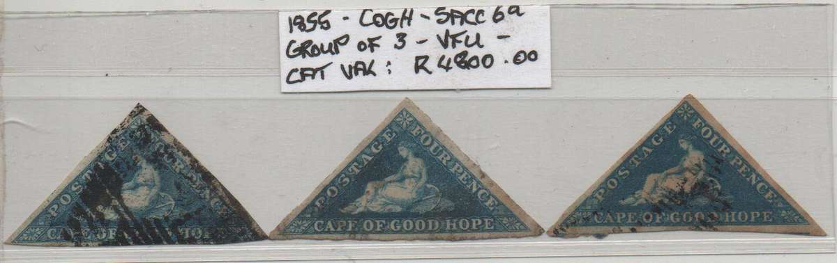 1853 - COGH 3 x 4d Blue Perkins Bacon Triangles in VFU-condition