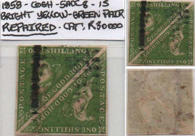 1858 COGH scarce yellow-green 1s Perkins Bacon Triangle-pair in used-condition