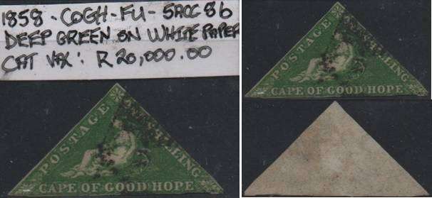 1858 COGH deep green 1s Perkins Bacon Triangle (SACC 8b) in FU-condition