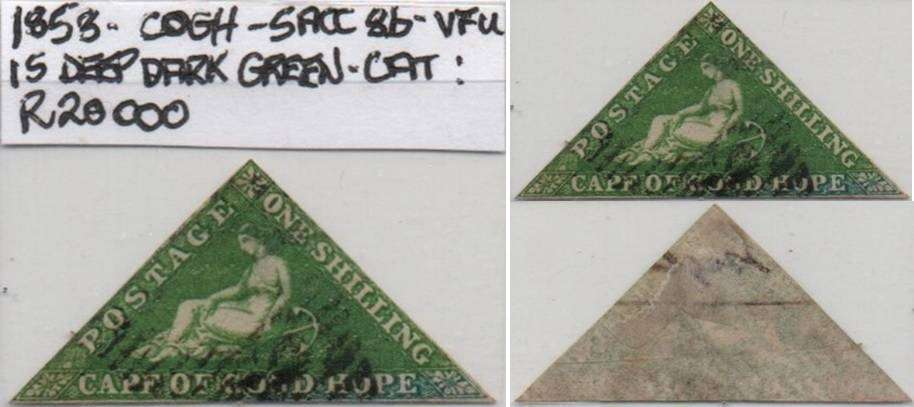 1858 COGH scarce deep dark green 1s Perkins Bacon Triangle in VFU-condition