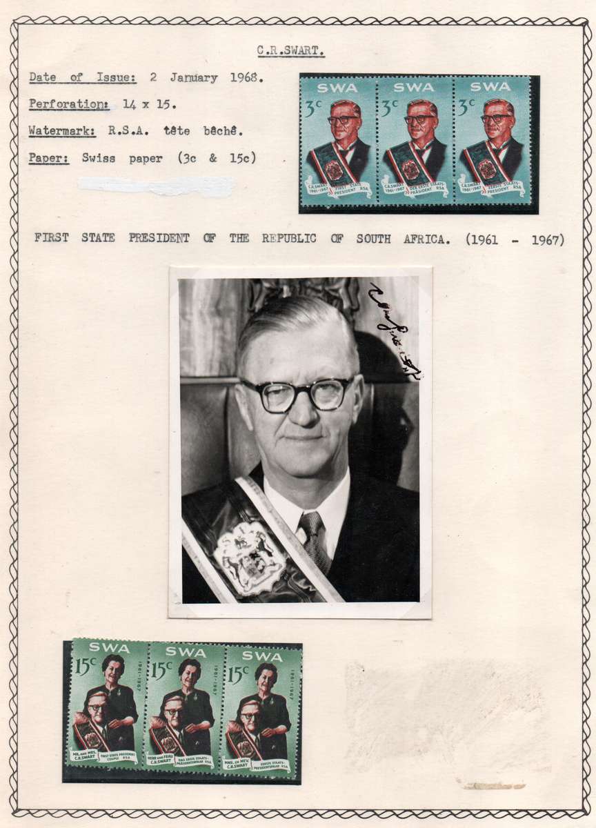 SWA write-up on CR Swart commemorative including scarce signed photo and FDC