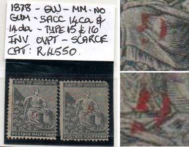 1878 Griqualand West 2 x 1/2d with scarce inverted OVPT (both types) in MM-condition