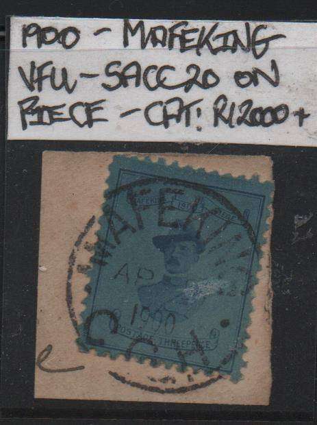 1900 Mafeking siege 3d deep blue Baden-Powell stamp on piece with complete cancel in VFU-condition