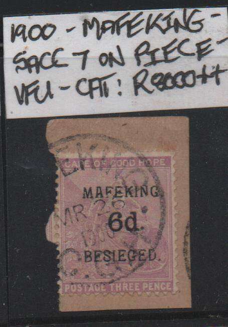 1900 Mafeking 6d OVPT on COGH 3d stamp on piece with large part cancel in VFU-condition