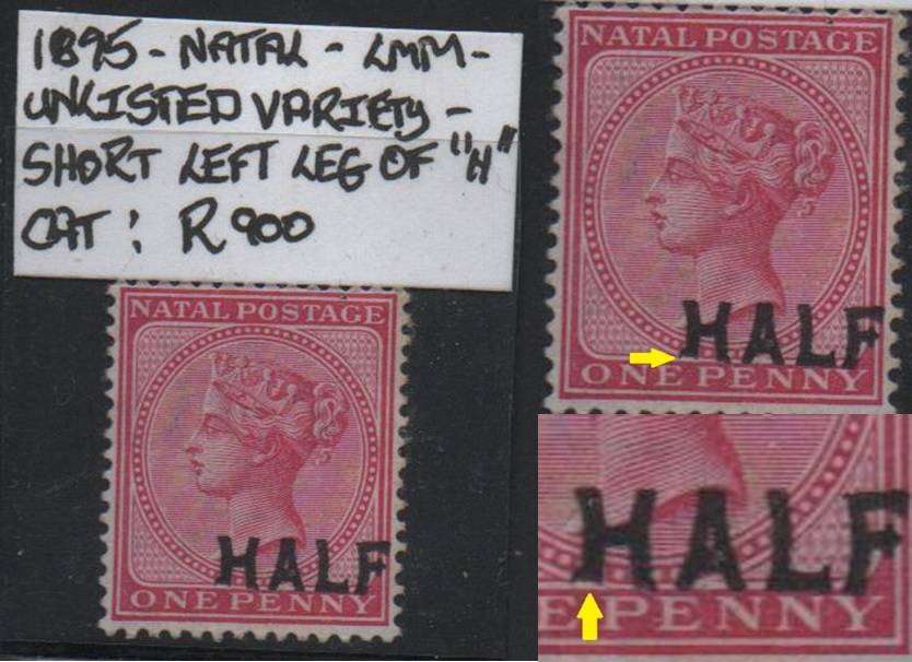 1895 Natal QV 1/2d OVPT on 1d with variety (SACC 108) in LMM-condition