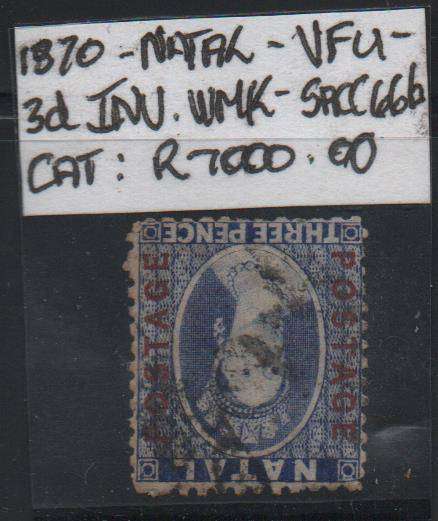 1870 Natal 3d OVPT Chalon Head with INV. WMK. (SACC 66b) in VFU-condition