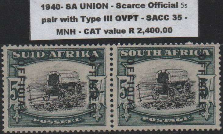 1940 Union Official  - Scarce 5s pair with Type III OVPT in MNH-condition